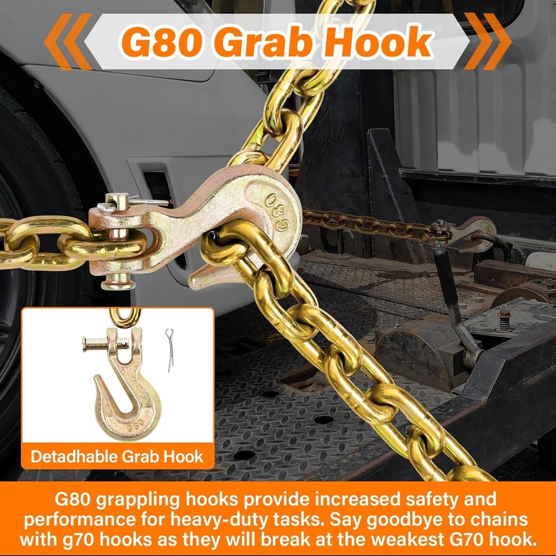 Lechansen G80 Transport Binder Chain 1/4 Inch x 10 Feet, Equipped with G80 Chain Grab Hook, Grade 80 Tow with Hooks, 3,300 lbs Working Load Limit Trailer Safety Chains for 5/16" Ratchet Binder, Towing - Image 4